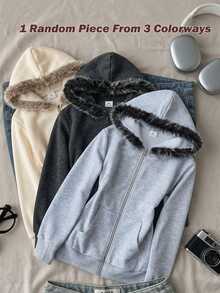 SHEIN Tween Girls Casual Sports Kids Grey Pony Embroidery Decor Hooded Open Front Autumn Winter Sweatshirt Tween Girl - Grey - View 6