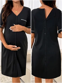 SHEIN 孕妇V领前开襟纽扣短袖休闲连衣裙 - 黑與白 - 查看 6