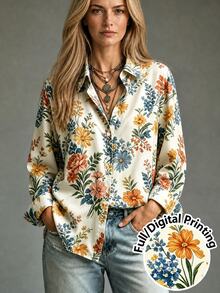 Trelyra 女款花卉印花長袖單排扣休閒襯衫，適合度假 - 彩色 - 查看 1