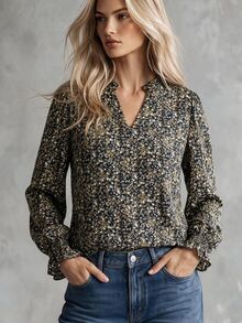 Calvaya Women's V-Neck Regular Shoulder Long Sleeve Ditsy Floral Casual Loose Blouse - Coffee Brown - View 1