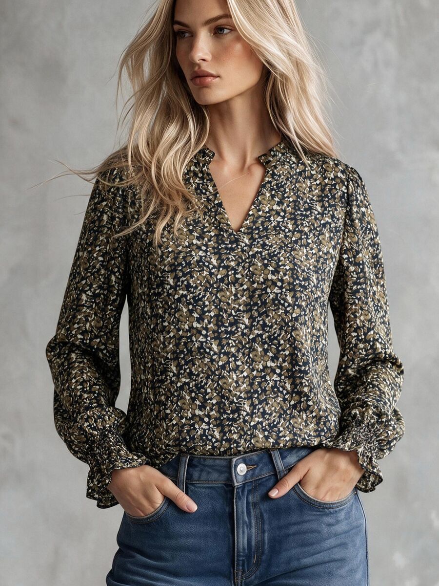 Calvaya Women's V-Neck Regular Shoulder Long Sleeve Ditsy Floral Casual Loose Blouse - Coffee Brown - View 1