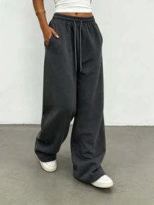 SHEIN 女款直筒寬鬆長款運動褲，休閒四季穿著長褲，優雅舒適設計，休閒戶外運動褲，深灰色休閒運動長褲 - 深灰色 - 查看 3