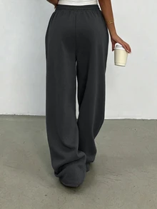 SHEIN 女款直筒寬鬆長款運動褲，休閒四季穿著長褲，優雅舒適設計，休閒戶外運動褲，深灰色休閒運動長褲 - 深灰色 - 查看 2