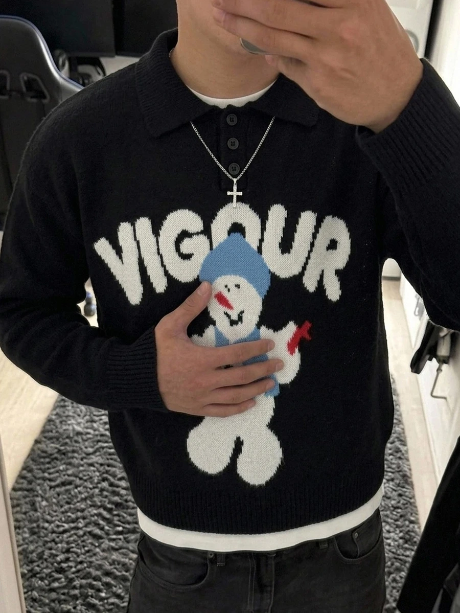 Manfinity Hypemode 秋冬款 毛絨雪人圖案黑色毛衣 親子套裝 正式晚餐 派對 聖誕街頭休閒風 - 黑色 - 查看 1