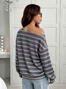 SHEIN EZwear Women's Korean Style Asymmetric Shoulder Striped Colorblock Long Sleeve Sweatshirt - Multicolor - View 2