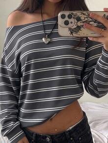 SHEIN EZwear Women's Korean Style Asymmetric Shoulder Striped Colorblock Long Sleeve Sweatshirt - Multicolor - View 4