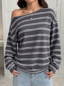 SHEIN EZwear Women's Korean Style Asymmetric Shoulder Striped Colorblock Long Sleeve Sweatshirt - Multicolor - View 3