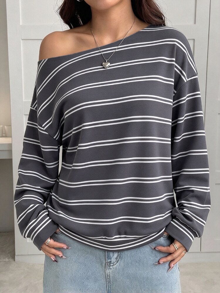 SHEIN EZwear Women's Korean Style Asymmetric Shoulder Striped Colorblock Long Sleeve Sweatshirt - Multicolor - View 3