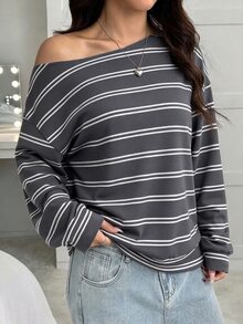 SHEIN EZwear Women's Korean Style Asymmetric Shoulder Striped Colorblock Long Sleeve Sweatshirt - Multicolor - View 5