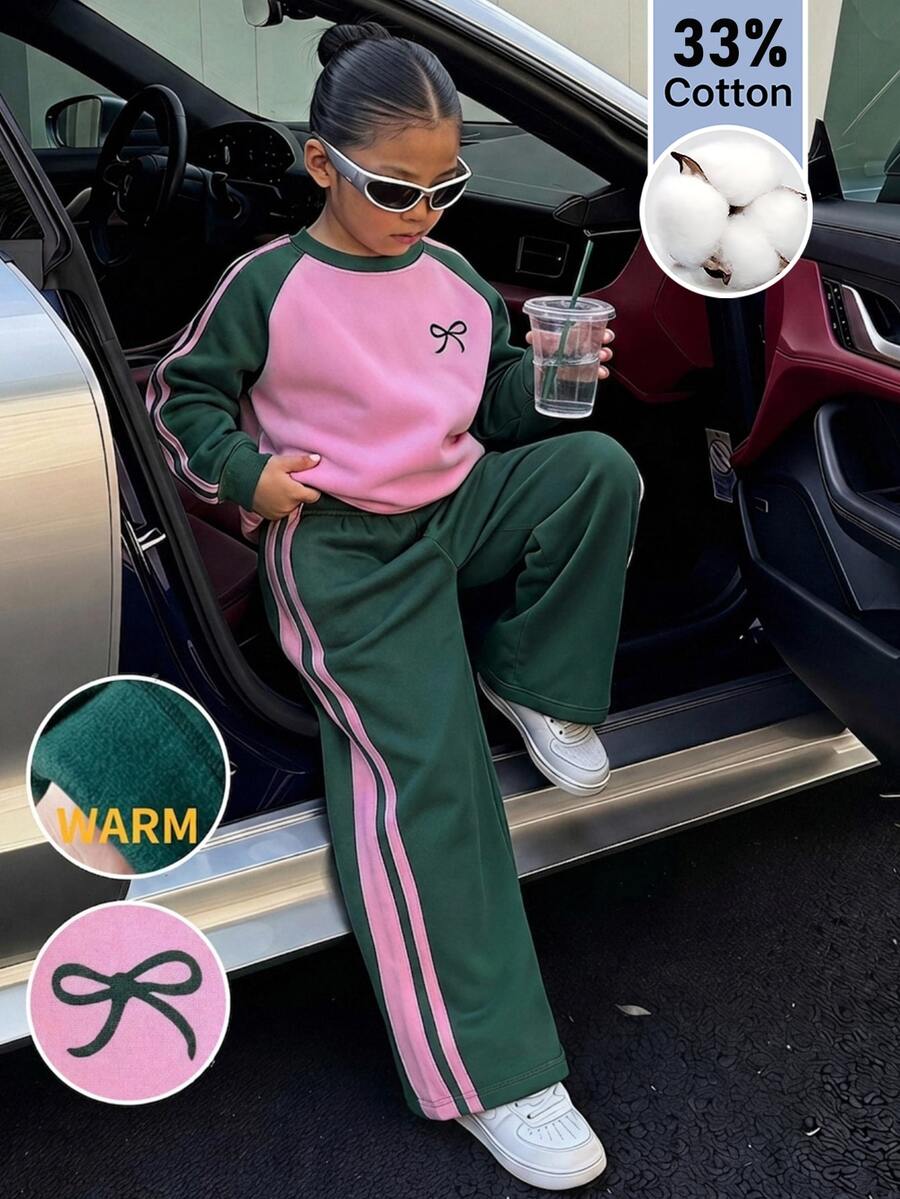 SHEIN Kids Young Girl Crew Neck Bow Pattern Colorblock Long Sleeve Autumn Winter Sweatshirt And Sweatpants Casual Daily Set - Army Green - View 1