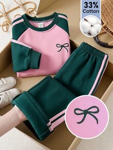 SHEIN Kids Young Girl Crew Neck Bow Pattern Colorblock Long Sleeve Autumn Winter Sweatshirt And Sweatpants Casual Daily Set - Army Green - View 2