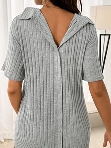 SHEIN Maternity Solid Color Short Sleeve Front Back Button Delivery Dress Night Formal Labour Grey Fall Casual Elegant Romantic Loose Fit Cute Postpartum - Grey - View 3