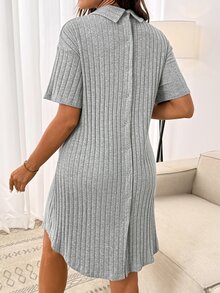 SHEIN Maternity Solid Color Short Sleeve Front Back Button Delivery Dress Night Formal Labour Grey Fall Casual Elegant Romantic Loose Fit Cute Postpartum - Grey - View 2