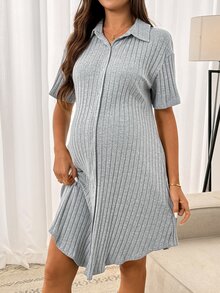 SHEIN Maternity Solid Color Short Sleeve Front Back Button Delivery Dress Night Formal Labour Grey Fall Casual Elegant Romantic Loose Fit Cute Postpartum - Grey - View 4
