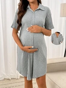 SHEIN Maternity Solid Color Short Sleeve Front Back Button Delivery Dress Night Formal Labour Grey Fall Casual Elegant Romantic Loose Fit Cute Postpartum - Grey - View 10