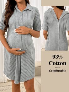SHEIN Maternity Solid Color Short Sleeve Front Back Button Delivery Dress Night Formal Labour Grey Fall Casual Elegant Romantic Loose Fit Cute Postpartum - Grey - View 8