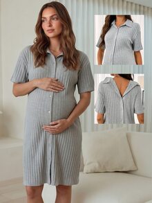 SHEIN Maternity Solid Color Short Sleeve Front Back Button Delivery Dress Night Formal Labour Grey Fall Casual Elegant Romantic Loose Fit Cute Postpartum - Grey - View 1