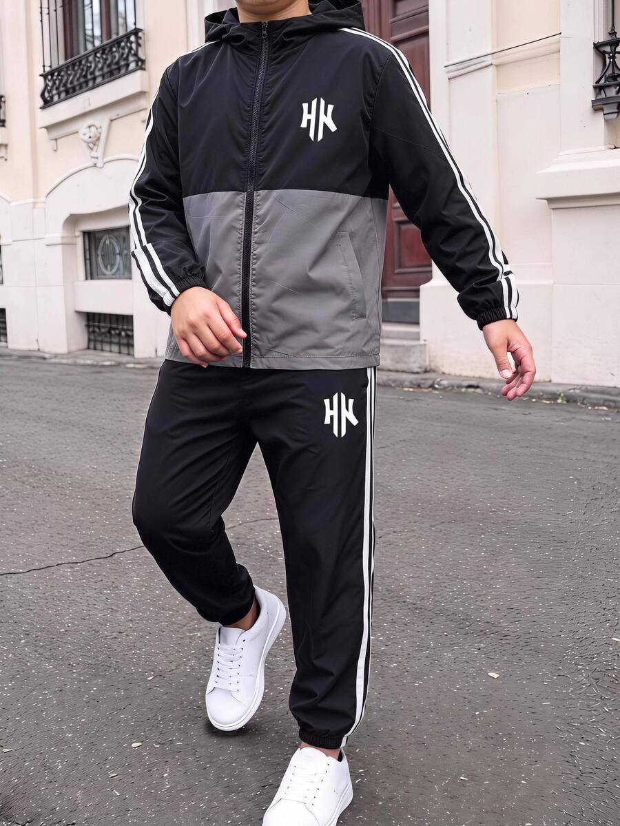 SHEIN 2pcs Kids Tween Boy Casual Sports Pattern Colorblock Stand Collar Jacket & Black Pants Set, Suitable For Fall/Winter, School, Family Gathering, Vacation, Party, FallOutfit, WinterOutfit, Boys Outfit Set - Multicolor - View 1