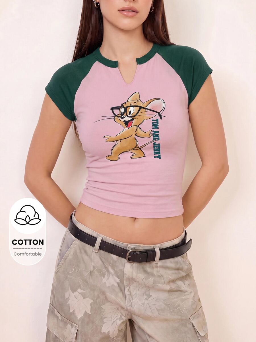 TOM & JERRY X SHEIN Women's Cartoon Pattern Casual Daily Short Sleeve T-Shirt - Green - View 1