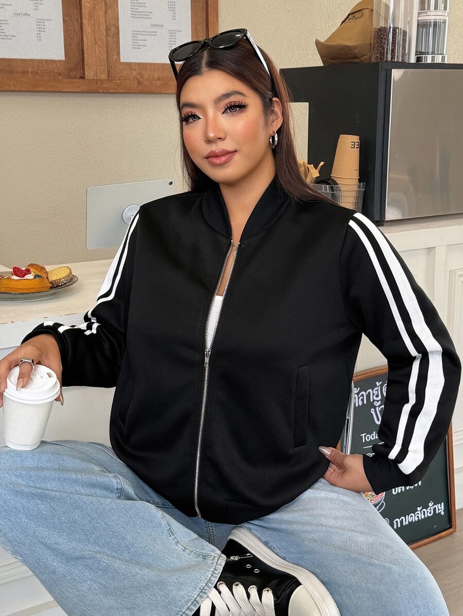 Muchica Plus-Size Women's Baseball Jacket With Side Stripes And Front Zipper-Suitable For Casual Sports And School Wear. Fall - Black - View 1