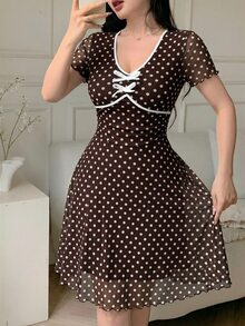 Feyla 女款波點蝴蝶結裝飾優雅復古法式70年代可愛收腰迷你洋裝，適合派對、野餐、早午餐、茶會、日常白天約會，夏季穿著 - 咖啡棕 - 查看 3