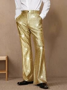 Manfinity RebelGame Men's Fashion Party Rave Golden Yellow Foil Long Pants Halloween Summer Party   80s 90s - Gold - View 5