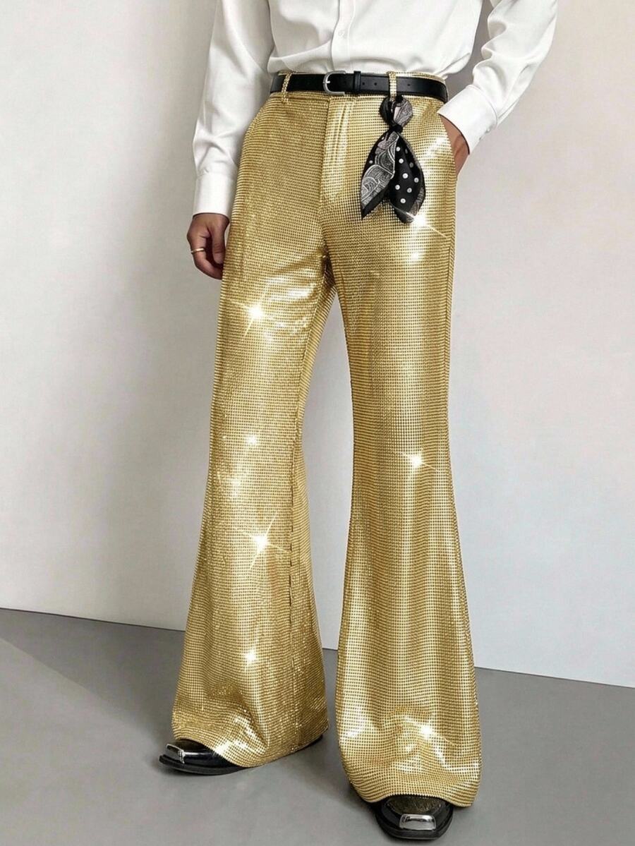 Manfinity RebelGame Men's Fashion Party Rave Golden Yellow Foil Long Pants Halloween Summer Party   80s 90s - Gold - View 1