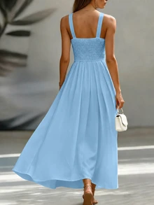 EMERY ROSE Waist-Cinching Slimming High-End French Commute Vintage Sleeveless Vacation Elegant A-Line Full Skirt Midi Dress For Women - Blue - View 2