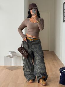 Coolane 女款大尺碼秋季街頭風基礎休閒傳統日常穿著優雅正式度假巧克力棕暖色針織V領長袖T恤 - 卡其色 - 查看 2
