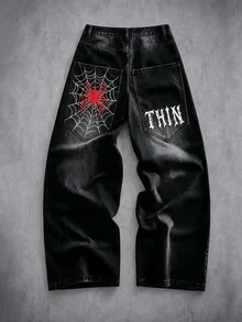 Manfinity EMRG Men Spider & Gothic Letter Print Baggy WideLeg Jeans, Y2K HipHop Streetwear Denim Pants - Black - View 1