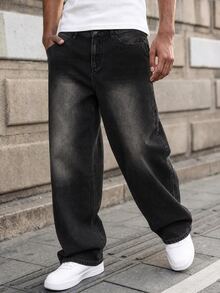 Manfinity EMRG Men Spider & Gothic Letter Print Baggy WideLeg Jeans, Y2K HipHop Streetwear Denim Pants - Black - View 4
