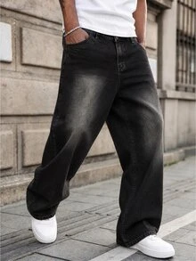 Manfinity EMRG Men Spider & Gothic Letter Print Baggy WideLeg Jeans, Y2K HipHop Streetwear Denim Pants - Black - View 6