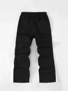 SHEIN Genkimix Kids 青少年男孩牛仔褲，四季皆宜，柔軟棉質，休閒時尚百搭舒適，極簡風彈性腰頭，側面白色對比設計，寬鬆直筒版型，黑白水洗軟牛仔面料，適合日常穿著與度假 - 彩色 - 查看 3