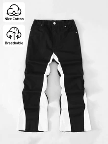 SHEIN Genkimix Kids 青少年男孩牛仔褲，四季皆宜，柔軟棉質，休閒時尚百搭舒適，極簡風彈性腰頭，側面白色對比設計，寬鬆直筒版型，黑白水洗軟牛仔面料，適合日常穿著與度假 - 彩色 - 查看 2