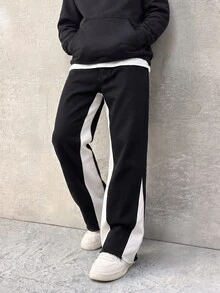 SHEIN Genkimix Kids 青少年男孩牛仔褲，四季皆宜，柔軟棉質，休閒時尚百搭舒適，極簡風彈性腰頭，側面白色對比設計，寬鬆直筒版型，黑白水洗軟牛仔面料，適合日常穿著與度假 - 彩色 - 查看 5
