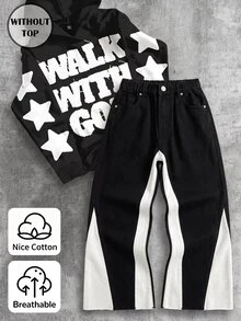 SHEIN Genkimix Kids 青少年男孩牛仔褲，四季皆宜，柔軟棉質，休閒時尚百搭舒適，極簡風彈性腰頭，側面白色對比設計，寬鬆直筒版型，黑白水洗軟牛仔面料，適合日常穿著與度假 - 彩色 - 查看 1