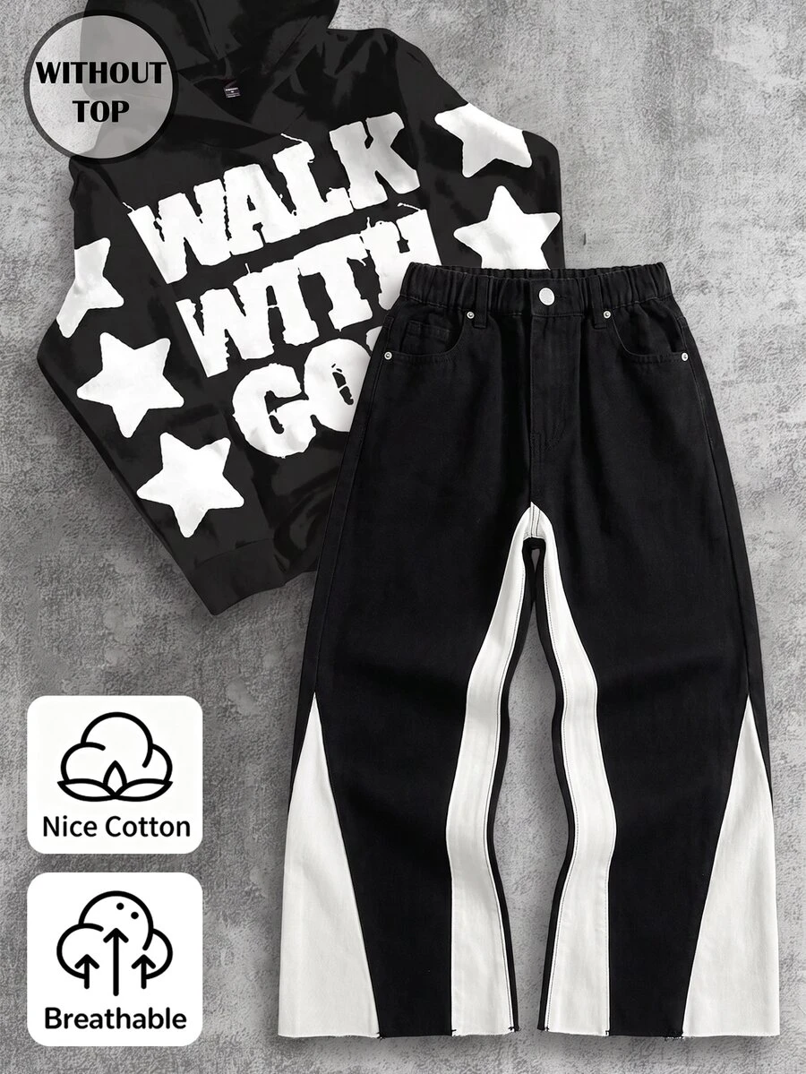 SHEIN Genkimix Kids 青少年男孩牛仔褲，四季皆宜，柔軟棉質，休閒時尚百搭舒適，極簡風彈性腰頭，側面白色對比設計，寬鬆直筒版型，黑白水洗軟牛仔面料，適合日常穿著與度假 - 彩色 - 查看 1