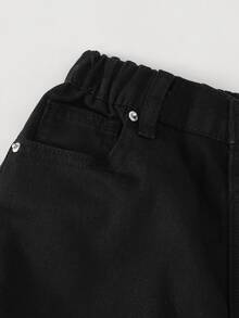 SHEIN Genkimix Kids 青少年男孩牛仔褲，四季皆宜，柔軟棉質，休閒時尚百搭舒適，極簡風彈性腰頭，側面白色對比設計，寬鬆直筒版型，黑白水洗軟牛仔面料，適合日常穿著與度假 - 彩色 - 查看 7