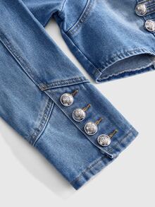 ROMWE Y2K Vintage Street Court Style Dark Blue Napoleon Decor Cropped Denim Jacket Coat For Women Night Out Autumn - Baby Blue - View 11