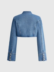 ROMWE Y2K Vintage Street Court Style Dark Blue Napoleon Decor Cropped Denim Jacket Coat For Women Night Out Autumn - Baby Blue - View 9