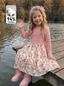Young Girl Young Girl Young Girl Young Girl Patchwork Ditsy Floral Round Neck Long Sleeve Dress Kids - White - View 1