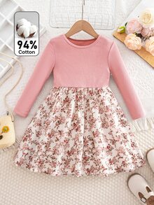 Young Girl Young Girl Young Girl Young Girl Patchwork Ditsy Floral Round Neck Long Sleeve Dress Kids - White - View 6