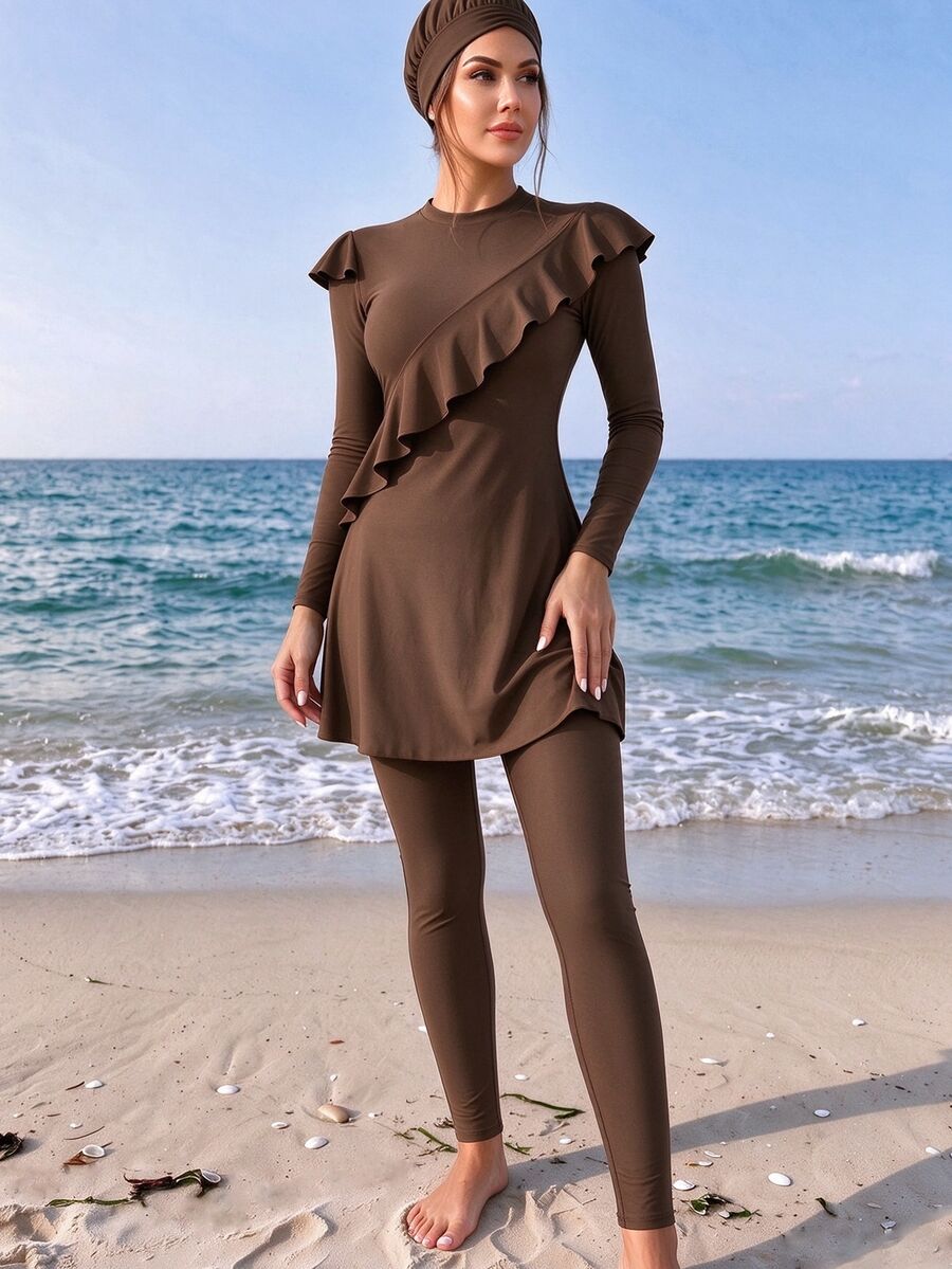 SHEIN Swim Summer Beach Ruffle Trim Full Cover Burkini Swimsuit & HatArabic Clothing - Coffee Brown - View 1