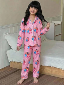 SHEIN 女童全身印花長袖上衣與長褲休閒日常居家睡衣套裝 - 彩色 - 查看 4