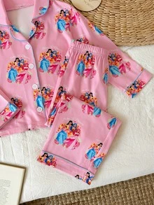 SHEIN 女童全身印花長袖上衣與長褲休閒日常居家睡衣套裝 - 彩色 - 查看 11