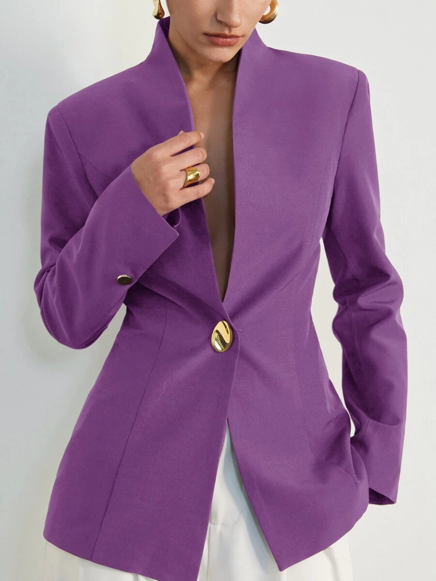 Aveloria Modichic European & American New Fashion Versatile Elegant Minimalist Commuter Metal Buckle Decor Solid Color Premium Collarless Design Women's Blazer - Purple - View 1