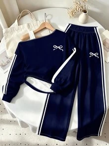 青少年女孩 2 件組海軍藍蝴蝶結印花露肩長袖運動衫與寬腿褲套裝，舒適休閒，冬季穿搭 - 彩色 - 查看 3
