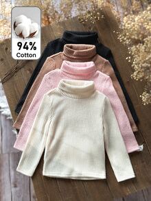 SHEIN 4件組少女羅紋針織高領毛衣，白色，冬季，職業日，返校季，柔軟長袖套頭上衣，彈性休閒 - 彩色 - 查看 2