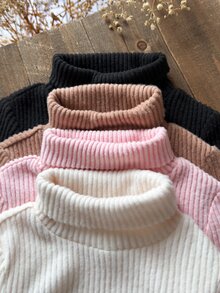 SHEIN 4件組少女羅紋針織高領毛衣，白色，冬季，職業日，返校季，柔軟長袖套頭上衣，彈性休閒 - 彩色 - 查看 5