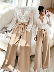 SHEIN Elegant Fashion Commute Vacation V-Neck Printed Patchwork Tie Wide Leg Women's Long Sleeve Jumpsuit - Khaki - View 4